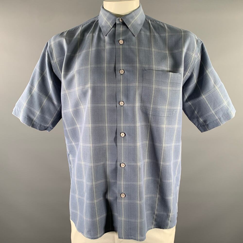 PERRY ELLIS Size L Blue Grey Plaid Rayon Blend Pointed Collar Short Sleeve Shirt
